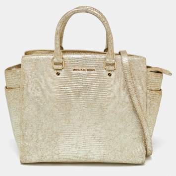 Pre Owned MICHAEL Michael Kors Metallic Gold Lizard Embossed Leather Large Selma Tote
