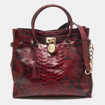 Pre Owned MICHAEL Michael Kors Burgundy/Black Python Embossed Leather Large Hamilton Tote