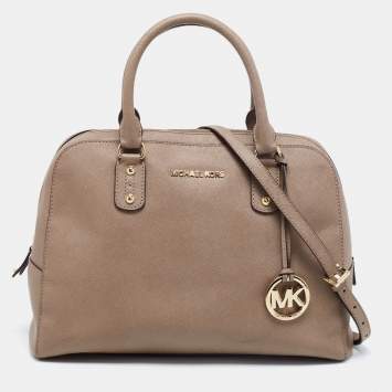 Pre Owned Michael Kors Dark Beige Saffiano Leather Large Cindy Dome Satchel