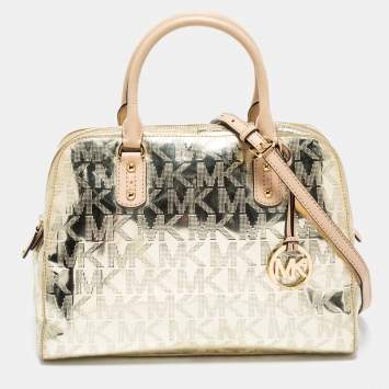 Pre Owned MICHAEL Michael Kors Metallic Gold Mirror Signature PVC And Leather Large Cindy Dome Satchel