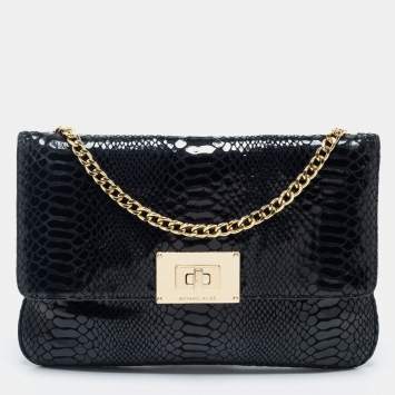 Pre Owned MICHAEL Michael Kors Black Python Embossed  Leather Turnlock Crossbody Bag