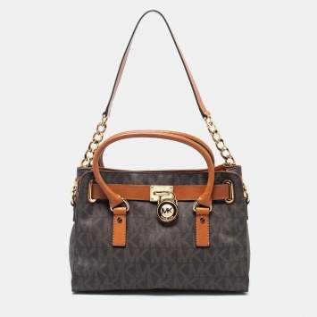 Pre Owned MICHAEL Michael Kors Brown Signature Coated Canvas And Leather Medium East West Hamilton Tote