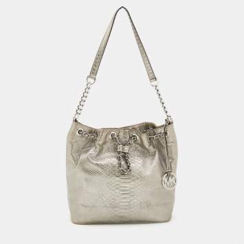Pre Owned MICHAEL Michael Kors Metallic Silver Python Embossed Leather Frankie Drawstring Bag