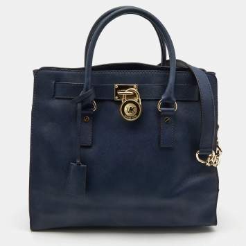 Pre Owned MICHAEL Michael Kors Navy Blue Leather Large Hamilton North South Tote