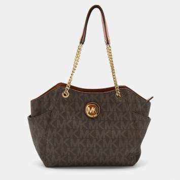 Pre Owned MICHALE Michael Kors Brown Signature Coated Canvas Jet Set Travel Chain Tote
