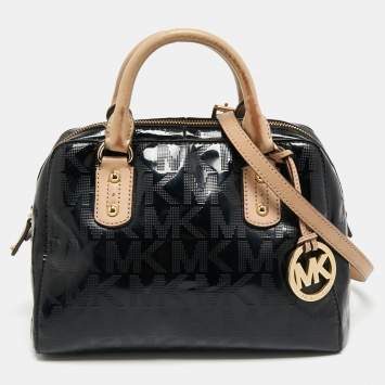 Pre Owned MICHAEL Michael Kors Black Signature Patent and Leather Grayson Satchel