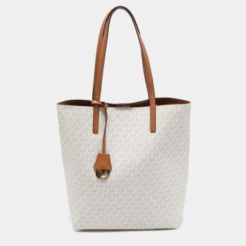 Pre Owned MICHAEL Michael Kors White/Tan Signature Coated Canvas and Leather Hayley Tote