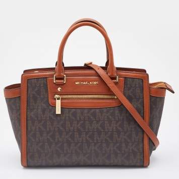 Pre Owned MICHAEL Michael Kors Brown Signature Coated Canvas and Leather Large Selma Tote