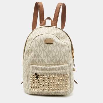 Pre Owned MICHAEL Michael Kors Brown/Cream Signature Coated Canvas and Leather Studded Backpack