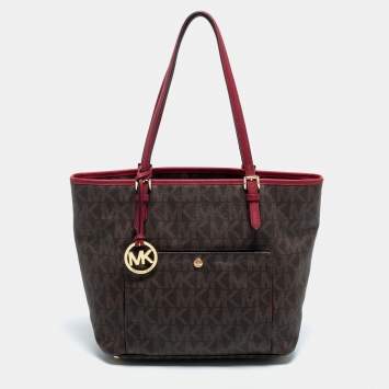 Pre Owned MICHAEL Michael Kors Brown/Burgundy Coated Canvas Jet Set Tote