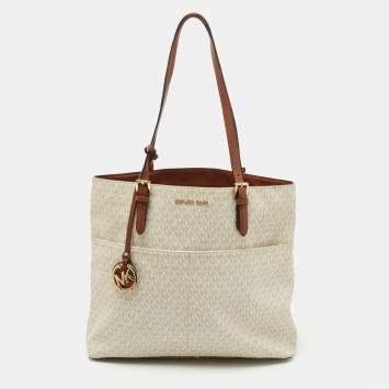 Pre Owned MICHAEL Michael Kors White/Brown Signature Canvas and Leather Lennox Tote
