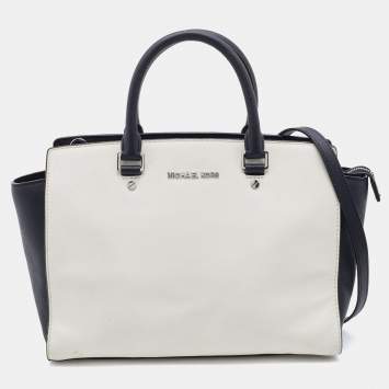 Pre Owned MICHAEL Michael Kors White/Black Leather Selma Satchel