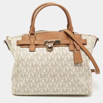 Pre Owned MICHAEL Michael Kors White Coated Canvas and Leather Hamilton Satchel