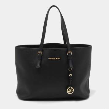 Pre Owned MICHAEL Michael Kors Black Leather Medium Jet Set Travel Tote