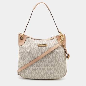 Pre Owned MICHAEL Michael Kors White Signature Coated Canvas Bedford Large Convertible Shoulder Bag