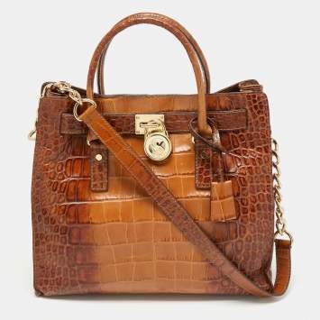 Pre Owned MICHAEL Michael Kors Brown Croc Embossed Leather Large Hamilton North South Tote