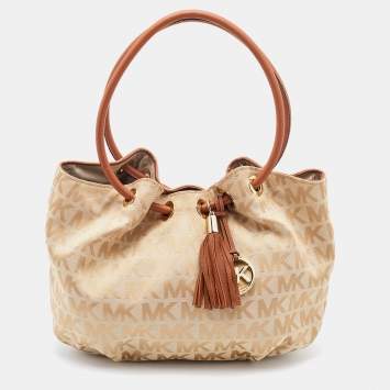 Pre Owned MICHAEL Michael Kors Cream/Brown Signature Canvas Ring Handle Shoulder Bag