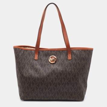 Pre Owned MICHAEL Michael Kors Brown Signature Coated Canvas and Leather Jet Set Tote