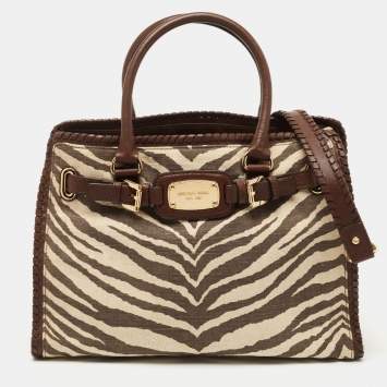 Pre Owned MICHAEL Michael Kors Brown Zebra Print Canvas and Leather Hamilton Whipstitch Tote