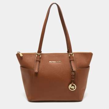 Pre Owned MICHAEL Michael Kors Brown Saffiano Leather Medium Jet Set Top Zip Tote
