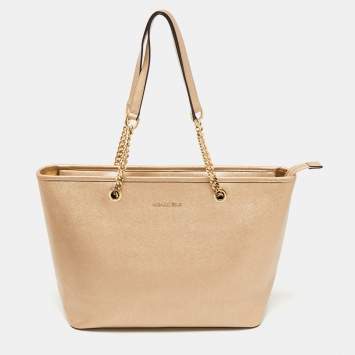 Pre Owned MICHAEL Micheal Kors Gold Leather Jet Set Top Zip Chain Tote 