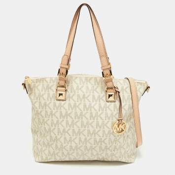 Pre Owned MICHAEL Michael Kors Ivory Signature Coated Canvas and Leather Jet Set Zip Tote 