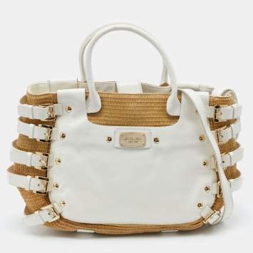 Pre Owned MICHAEL Michael Kors Beige/White Patent Leather and Raffia Hobo
