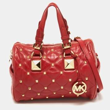 Pre Owned MICHAEL Michael Kors Red Quilted Studded Leather Grayson Satchel