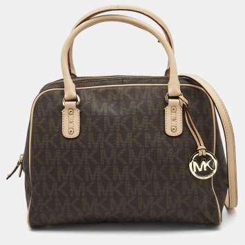 Pre Owned MICHAEL Michael Kors Brown Coated Canvas Large MK Signature Satchel