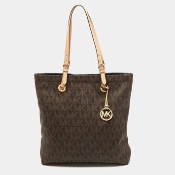 Pre Owned MICHAEL Michael Kors Brown Signature Coated Canvas and Leather Jet Set Tote