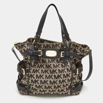 Pre Owned MICHAEL Michael Kors Black/Beige Signature Canvas, Leather Gansevoort Tote