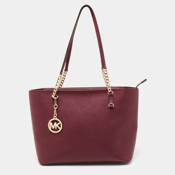 Pre Owned MICHAEL Michael Kors Burgundy Saffiano Leather East West Chain Tote