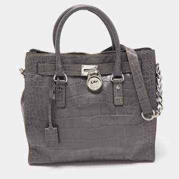 Pre Owned MICHAEL Michael Kors Grey Croc Embossed Leather Large Hamilton North South Tote