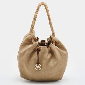 Pre Owned MICHAEL Michael Kors Metallic Gold/Brown Canvas and Leather Marina Drawstring Tote
