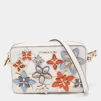 Pre Owned MICHAEL Michael Kors White Leather Floral Applique Jet Set Camera Crossbody Bag