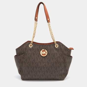 Pre Owned MICHAEL Michael Kors Brown Signature Coated Canvas and Leather Jet Set Travel Chain Shoulder Bag