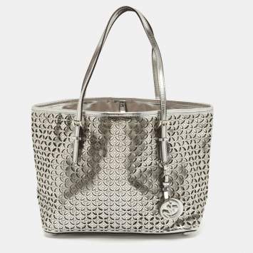 Pre Owned MICHAEL Michael Kors Silver Leather Lasercut Travel Tote