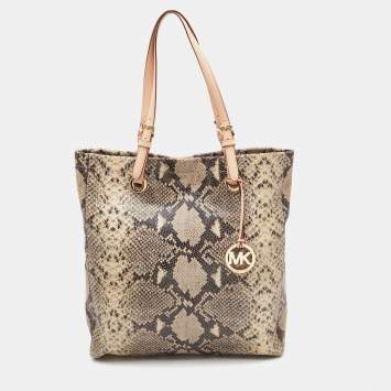Pre Owned MICHAEL Michael Kors Beige Python Embossed Leather North South Tote