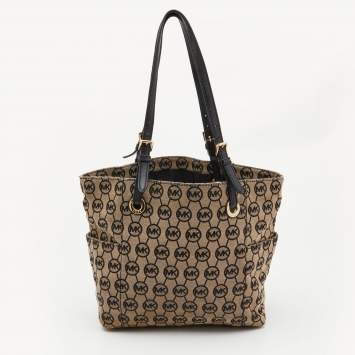 Pre Owned MICHAEL Michael Kors Beige/Black Signature Canvas and Leather Jet Set Tote