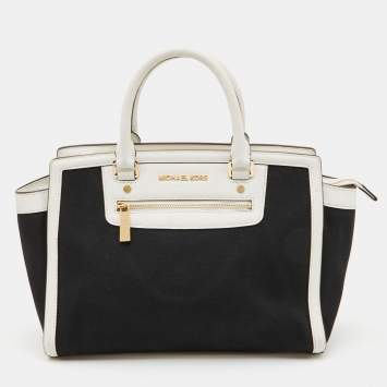 Pre Owned MICHAEL Michael Kors Black/White Canvas and Leather Selma Satchel