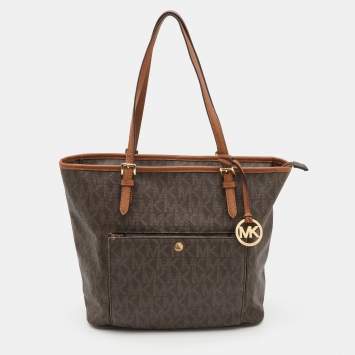 Pre Owned MICHAEL Michael Kors Brown/Tan Signature Coated Canvas and Leather Jet Set Tote