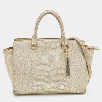 Pre Owned MICHAEL Michael Kors Gold Snakeskin Embossed Leather Large Selma Satchel