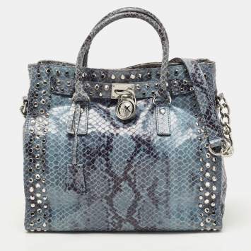 Pre Owned MICHAEL Michael Kors Blue Python Effect Suede Large Hamilton North South Tote
