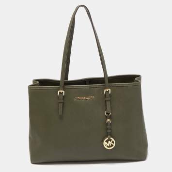 Pre Owned MICHAEL Michael Kors Olive Green Saffiano Leather Large Jet Set Travel Tote
