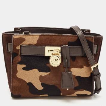مملوكة مسبقًا MICHAEL Michael Kors Brown Camo Calfhair, Suede and Leather Hamilton Traveler Tote