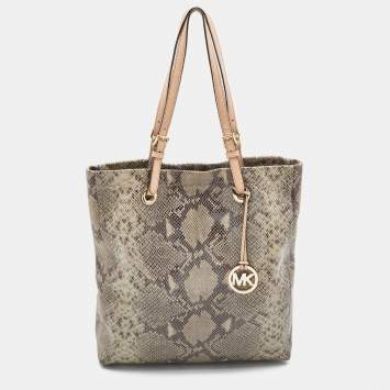 Pre Owned Michael Michael Kors Beige/Grey Python Effect Leather North South Tote