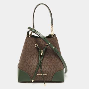 Pre Owned MICHAEL Michael Kors Green/Brown Signature Coated Canvas and Leather Mercer Drawstring Bucket Bag 