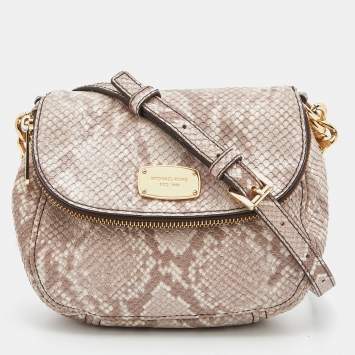Pre Owned MICHAEL Michael Kors Beige Python Embossed Leather Bedford Crossbody Bag
