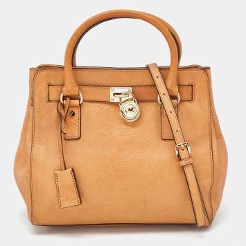 Pre Owned MICHAEL Michael Kors Beige Python Embossed Leather Hamilton North South Tote