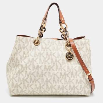 Pre Owned MICHAEL Michael Kors Off White Signature Coated Canvas Cynthia Tote